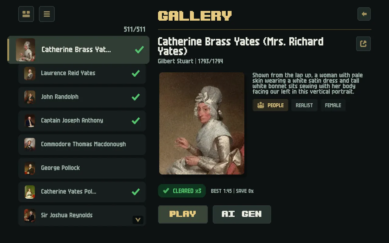 The Zigsaw Infinite gallery screen showing cleared artworks, artwork details, and play controls.