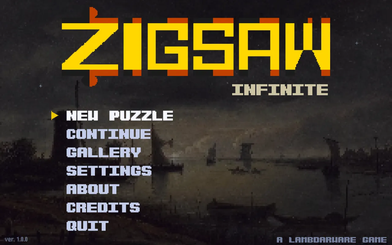 The Zigsaw Infinite v1.0.0 title screen with menu items over a dark generated landscape.